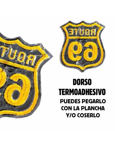 PATCH ROUTE 69 BORDADO COM FIO DE OURO 7X8 CM.