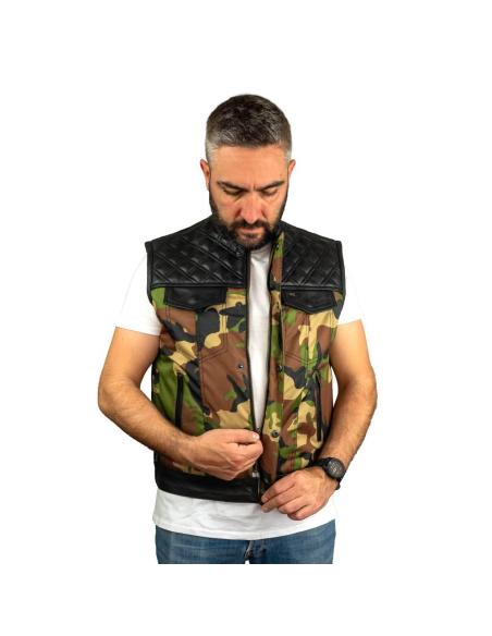 COLETE CHESTER CAMO COM DETALHES EM COURO PARA MOTOCICLISTAS