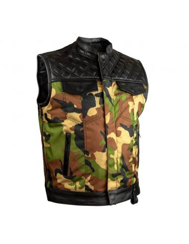 CHESTER CAMO VEST WITH LEATHER DETAILS FOR MOTORCYCLISTS