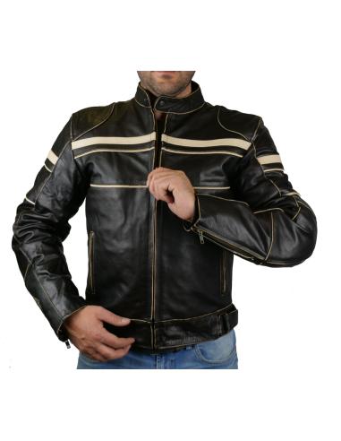 VIEUX RACER VESTE EN CUIR VIEILLIE AVEC DES PROTECTIONS CE