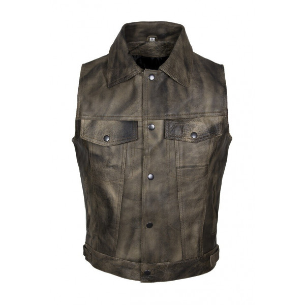 OLD BROWN LEATHER VEST WITH LAPELS