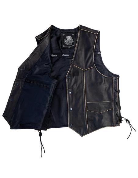 GILET EN CUIR DE BISON VIEILLI AVEC LACETS LATÉRAUX SKULL & BONES