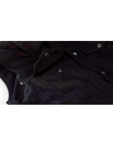 COLETE MOTOCICLISTA DE JEANS PRETO COM GOLA