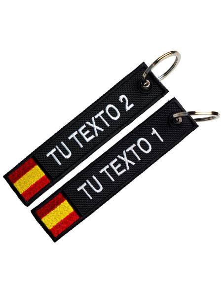 PERSONALIZED EMBROIDERED KEYCHAIN WITH SPANISH FLAGS – DOUBLE-SIDED – 12 X 2.5 CM