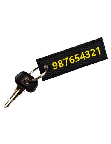 CHAVEIRO BORDADO DE DUPLA FACE COM CONTATO DE EMERGÊNCIA – 9 X 3 CM