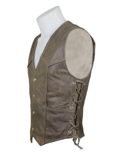 GILET EN CUIR BRUN AVEC CORDONS DE SERRAGE LATÉRAUX