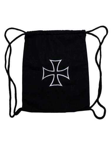 Mochila de Cordões Preta com Cruz de Malta Bordada | Estilo Biker e Urbano