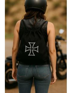 Acheter Sac à Cordons Noir avec Croix de Malte Brodée | Style Biker et Urbain 2