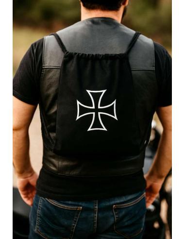 Sac à Dos à Cordons Noir avec Croix de Malte Brodée | Style Biker et Urbain