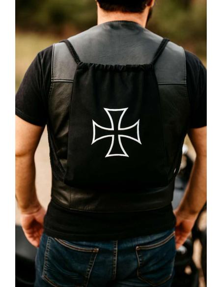 Black Drawstring Backpack with Embroidered Maltese Cross | Biker & Urban Style