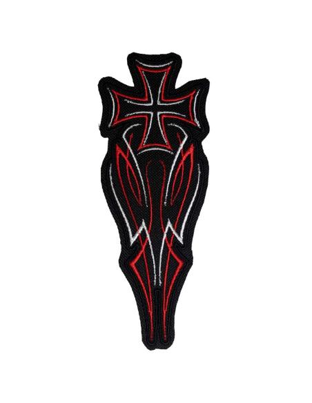 Embroidered patch with Maltese cross in red, grey and black. Iron-on and sewable. Ideal for jackets and sleeves.
