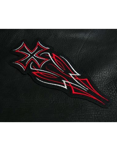 Embroidered patch with Maltese cross in red, grey and black. Iron-on and sewable. Ideal for jackets and sleeves.