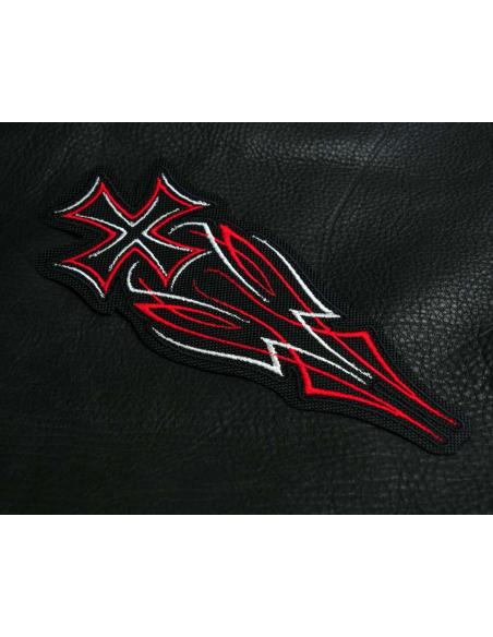 Embroidered patch with Maltese cross in red, grey and black. Iron-on and sewable. Ideal for jackets and sleeves.