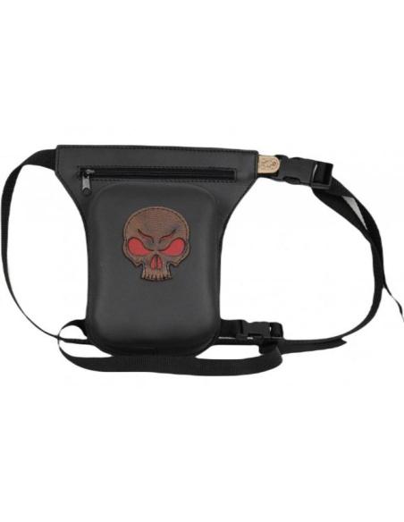 Bolsa de Perna Pele PETACA Skull Vintage | Estilo Biker Preto