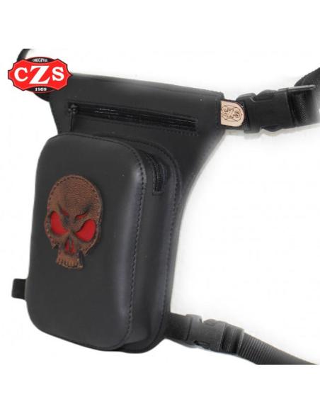 Bolsa de Perna Pele PETACA Skull Vintage | Estilo Biker Preto