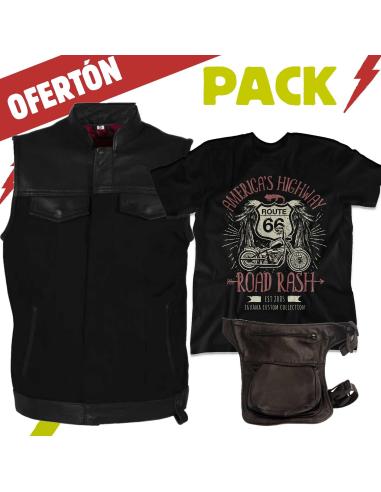 Pack El Canalla – Gilet in Denim e Pelle + Road Rash + Borsa da Gamba | Iguana Custom