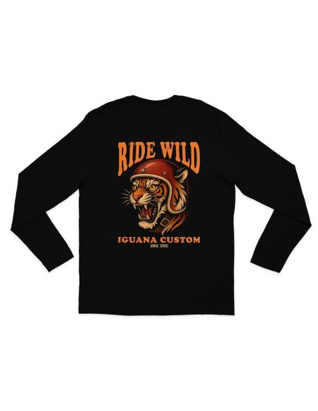Camiseta de manga comprida preta Ride Wild Tiger – Estilo biker Iguana Custom