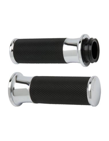 Puños Arlen Ness Fusion Smooth cromados em alumínio billet com borracha antiderrapante. Compatíveis com Harley e-throttle.