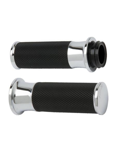 Puños Arlen Ness Fusion Smooth cromados en aluminio billet con goma antideslizante. Compatibles con Harley e-throttle.
