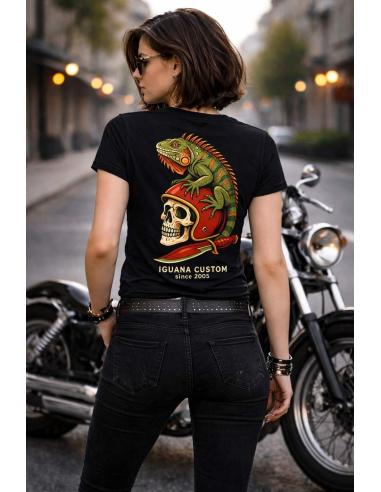 Camiseta de Motociclista Mulher Iguana Custom Skull Helmet | Algodão