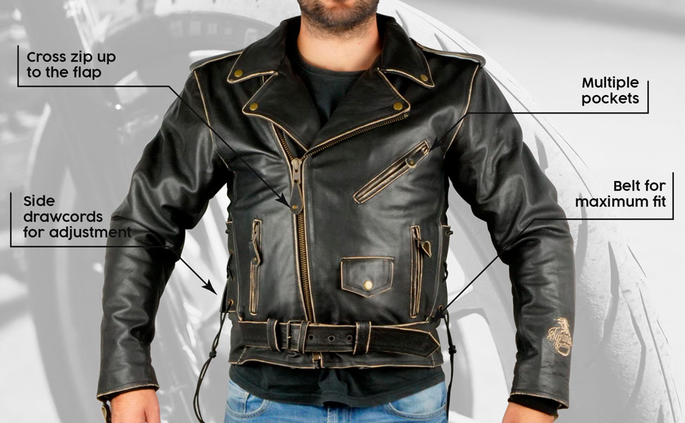 Distressed leather jacket for bikers with crossed zip.