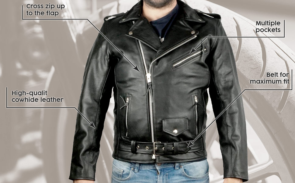 Features of the leather jacket with crossover lapel.