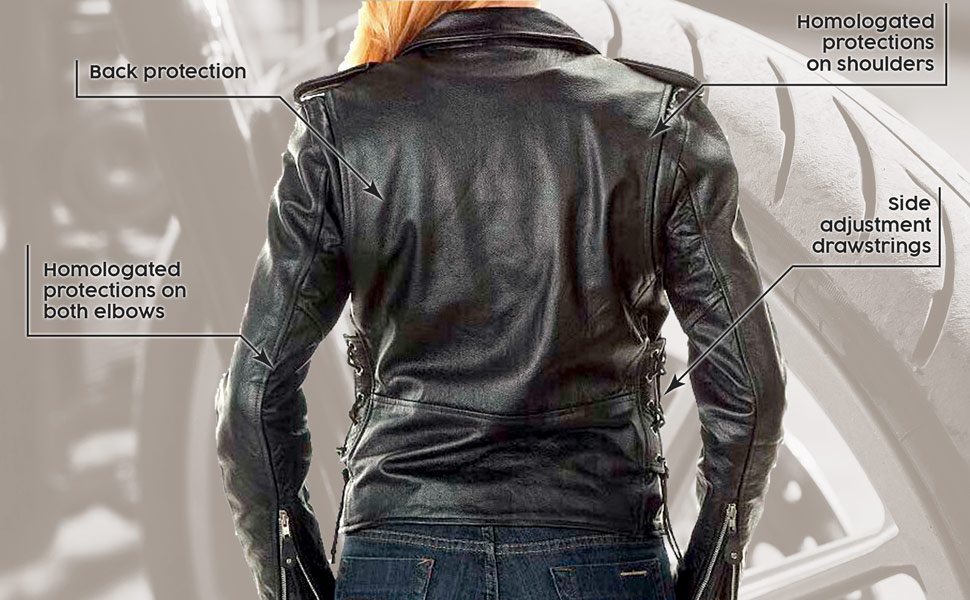 Rear view of the genuine leather biker jacket.