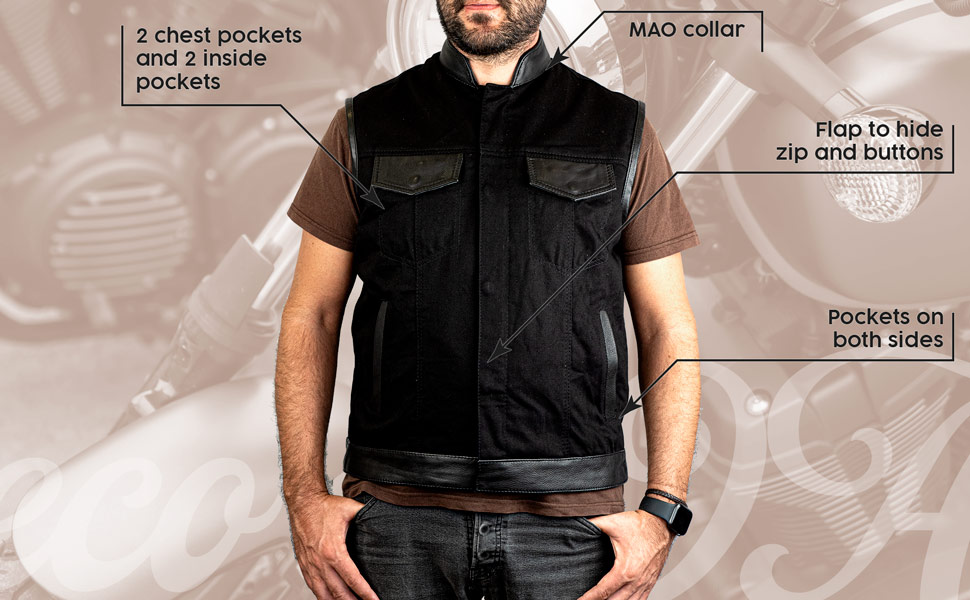 Features of the SOA denim and leather biker waistcoat.