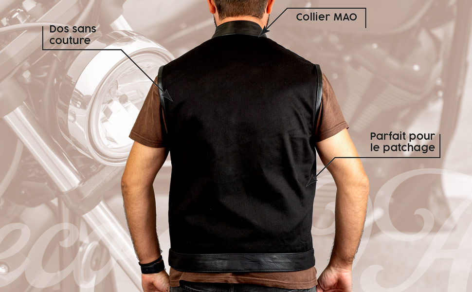 Le gilet est parfait pour fixer des patchs de club de motards, sans couture dans le dos.