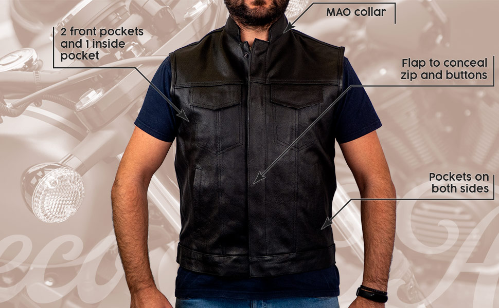 SOA waistcoat details in black leather.