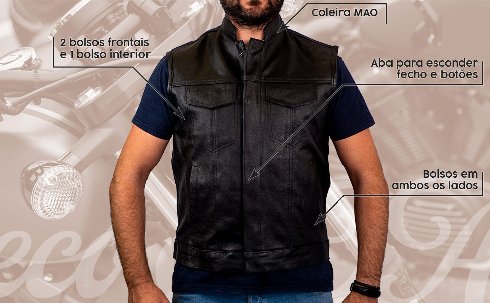 Detalhes do colete SOA em couro preto.