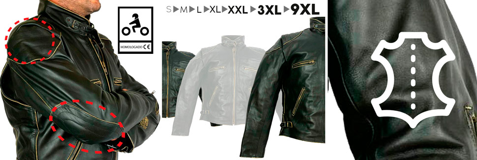 Este casaco para motociclista é feito de couro genuíno e está disponível em vários tamanhos.