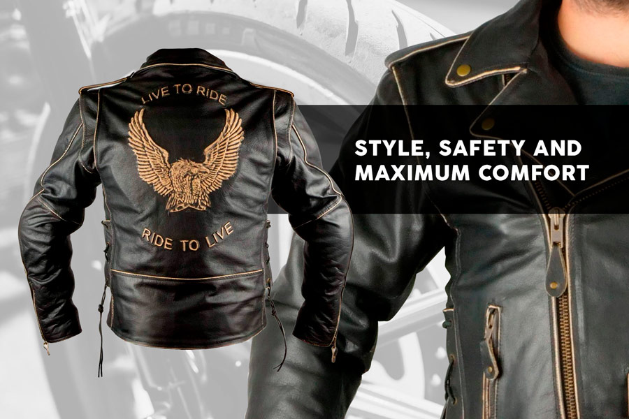 Leather biker jacket with homologated protections, model Eagle.