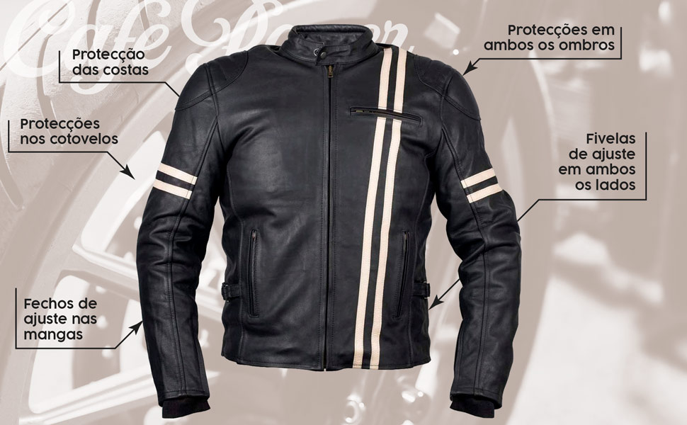 Este casaco de couro para motociclistas tem protecções homologadas.