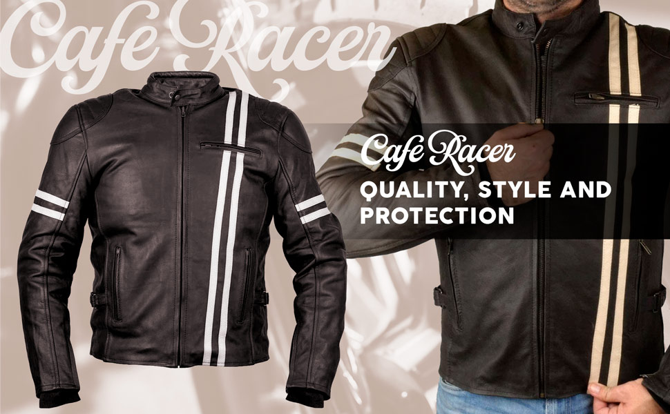 Leather biker jacket Cafe Racer with  approved protections.