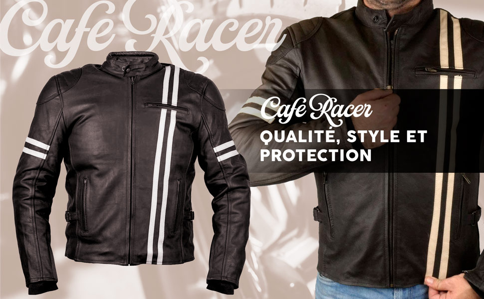 Blouson de motard en cuir avec protections approuvées par Cafe Racer.