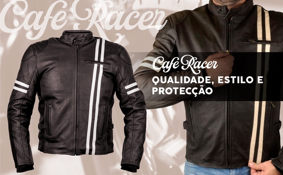 Casaco de motociclista de couro com protecções aprovadas pelo Cafe Racer.