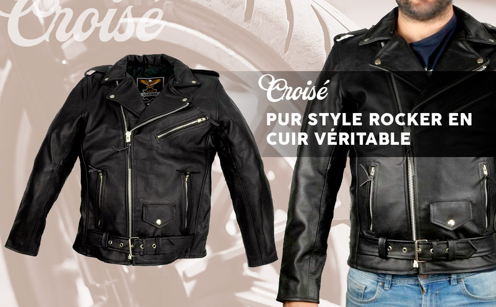 Veste en cuir noir style rocker.