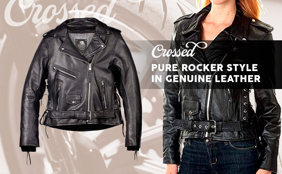 Women's leather biker jacket with cross zip.