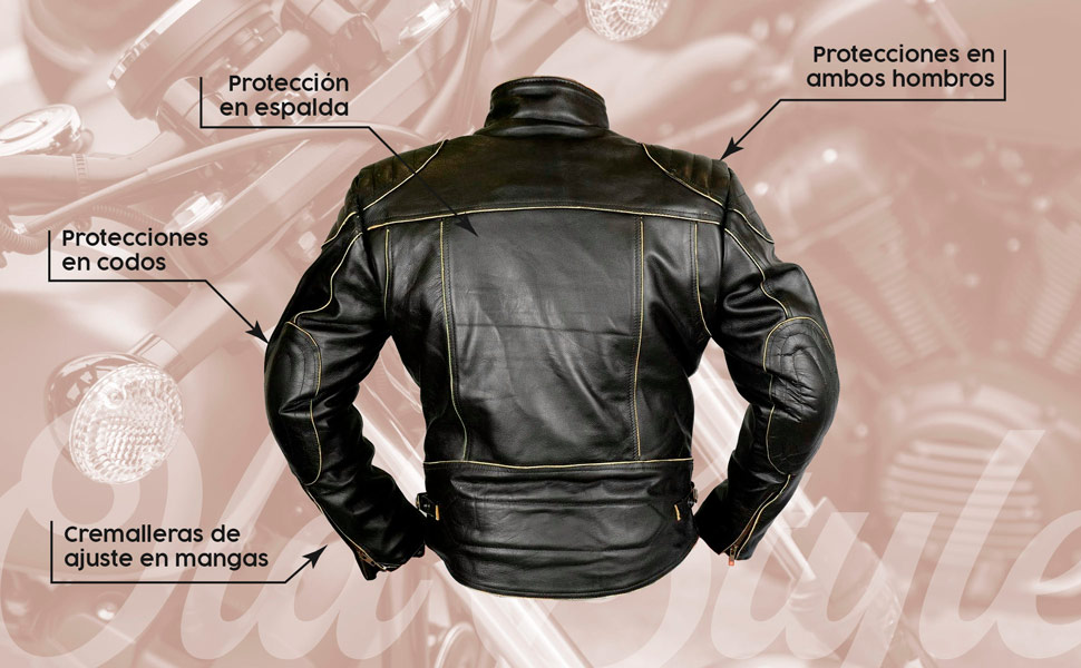 La chaqueta de piel cuenta con protecciones homologadas en hombros y en codos.