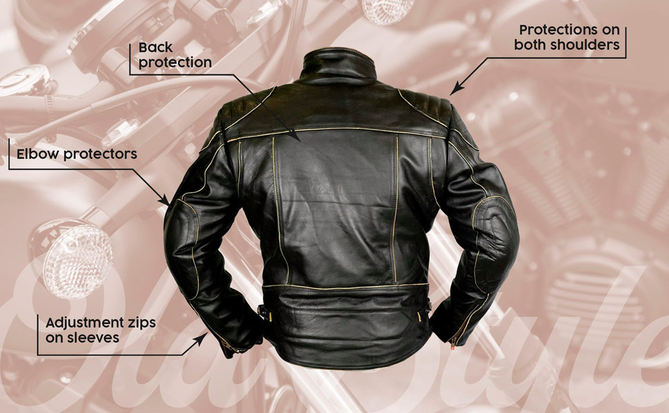 The leather jacket has approved protections on shoulders and elbows.