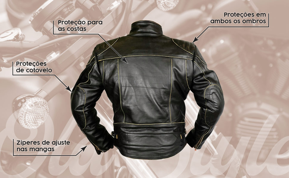 O casaco de couro tem protecções aprovadas nos ombros e cotovelos.