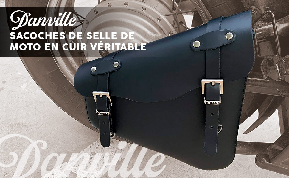Sacoche en cuir pour les motos custom à bras oscillant droit, fabriquée en cuir véritable.