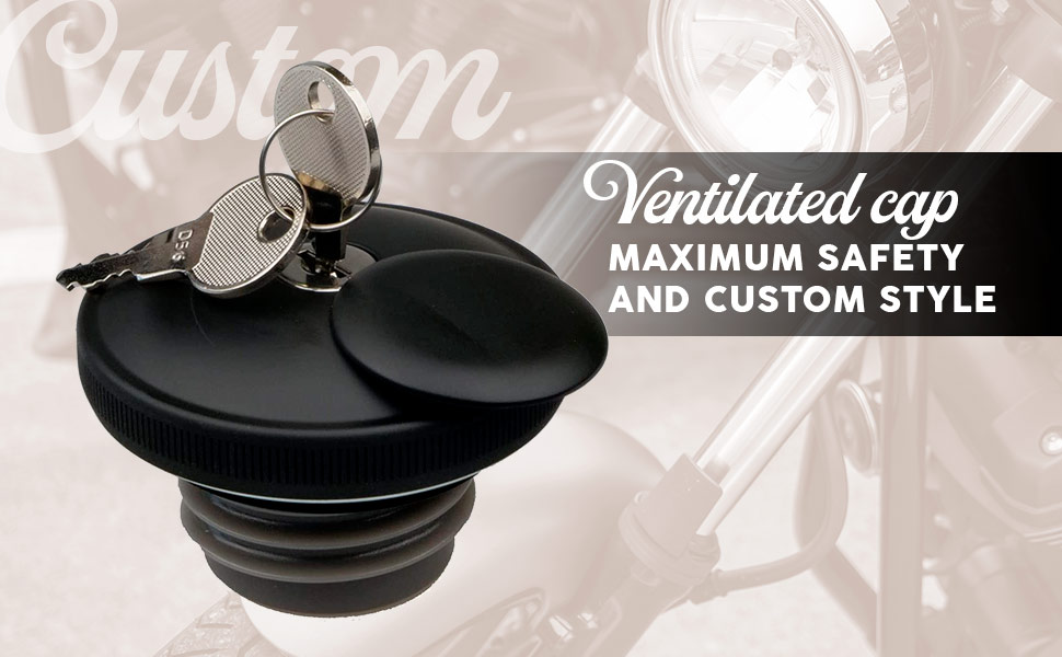 Ventilated tank cap for custom motorbikes with security key.