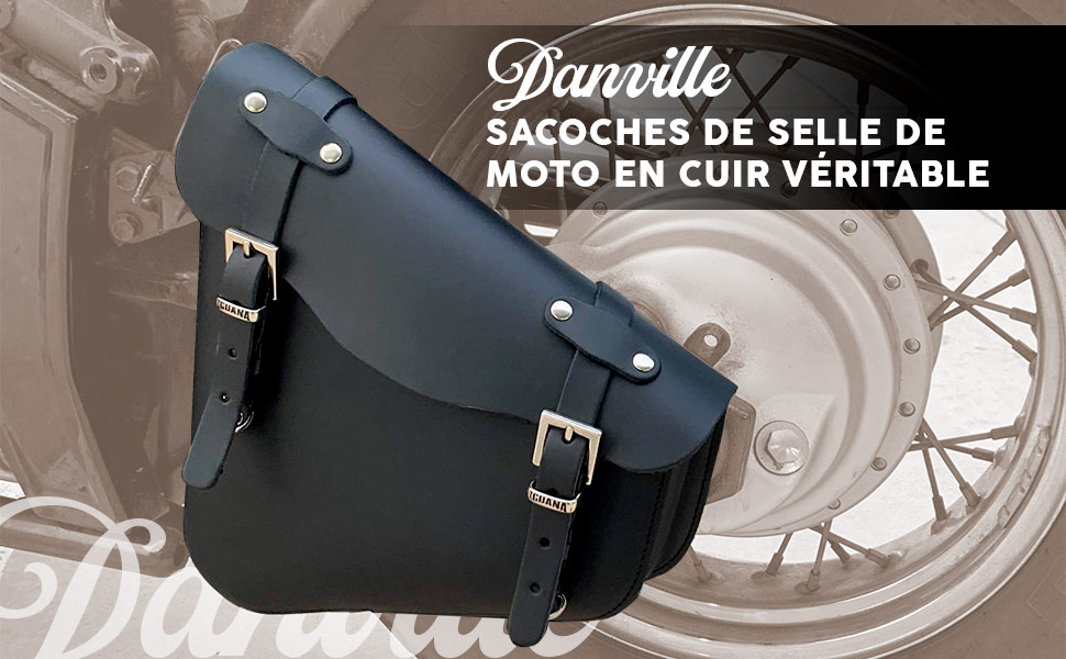 Sacoche en cuir véritable pour le bras oscillant gauche des motos customisées.