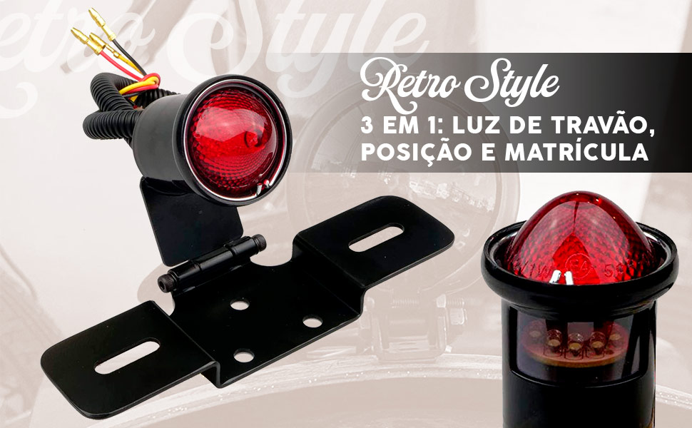 Luz traseira para motociclos custom com suporte e luz de matrícula.
