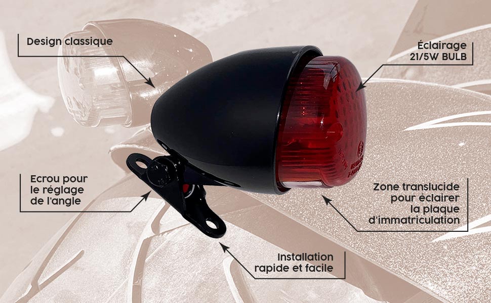 Caractéristiques du feu arrière Hawk de couleur noire pour les motos customisées.