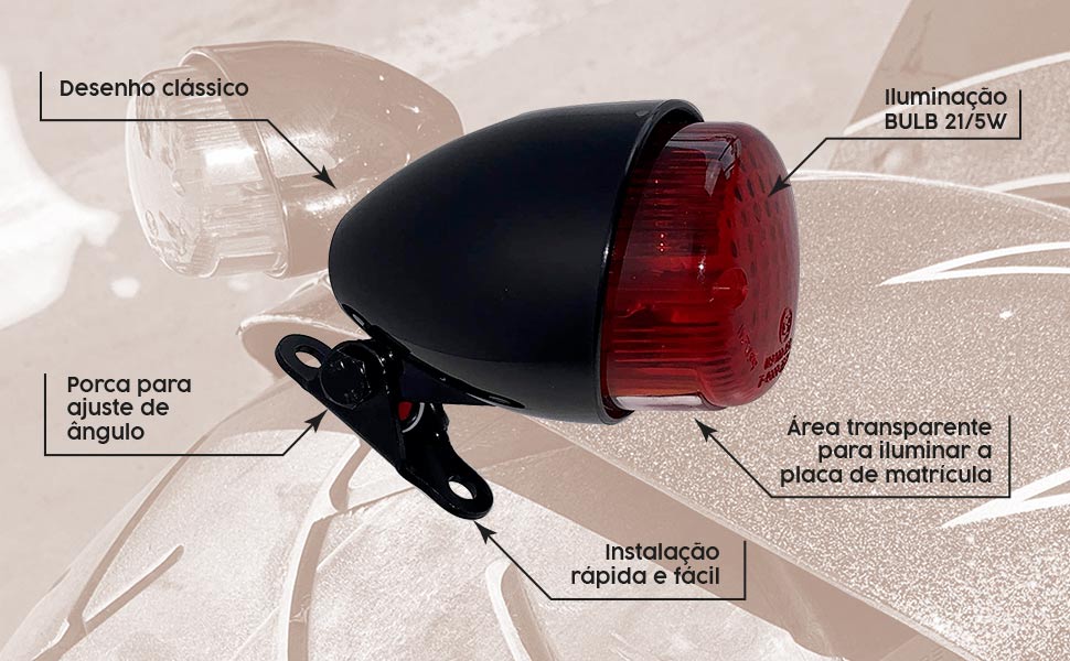 Características da luz traseira Hawk em cor preta para motos custom.