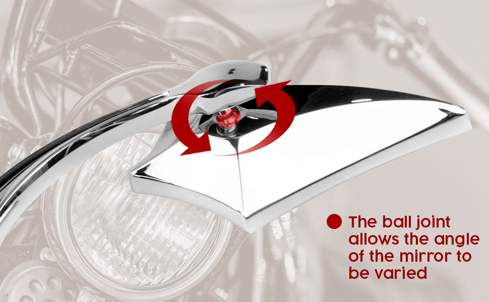The chrome custom motorbike mirror has a ball joint for adjusting the viewing angle.