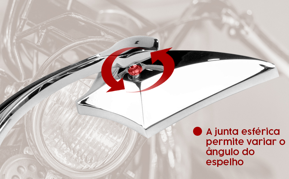 O espelho de moto custom cromado tem uma junta esférica para ajustar o ângulo de visão.